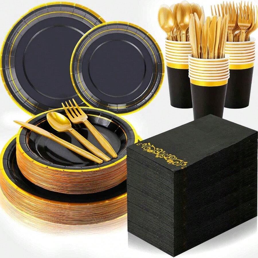 350 Pcs Black Party Dinnerware Set Disposable Paper Plates For 50 Guests 9in And 7in Dinner Dessert Plates Napkins Gold Rim Plastic Cups Knives Forks Spoons For Party Wedding Round Event Supplies With Elegant Gold Trim And -Friendly Materials - Black - View 1