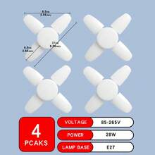 1/2/4pcs E27 LED Bulb Fan Blade Timing Light - AC85-265V, 28W, Foldable Ceiling Light, 3D Printed Design, For Indoor Use, No Battery Required, Modern Indoor Ceiling Lighting, Sturdy And Durable Structure, LED Bulb - Folding Leaf Light White Light - View 10