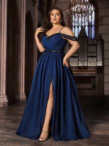 Elegant Curve Plus Size Women Chiffon Sequin Long Formal Dress, Open Shoulder Slit Hem Spaghetti Strap Evening Gown Wedding Spring Party - Navy Blue - View 4