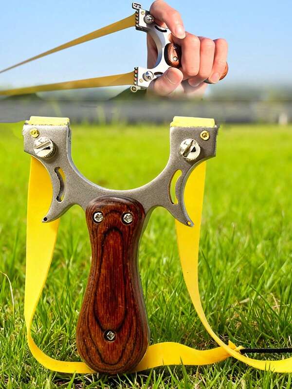 1pc Outdoor Hunting Stainless Steel Material Quick Release Slingshot, Convenient And Practical, Comes With Slingshot Rubber Bands And Clay Balls, Outdoor Shooting Entertainment, Hunting Game Slingshot, Boys Outdoor Leisure, Rubber Band Launcher, Highly Attractive, Stainless Steel Slingshot With Wooden Handle, Party Gathering Game Slingshot