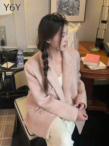 [Y6Y] 女士时尚粉色中长款外套，双排扣宽松羊毛夹克，适合圣诞节和休闲穿着 - 粉色 - 查看 8