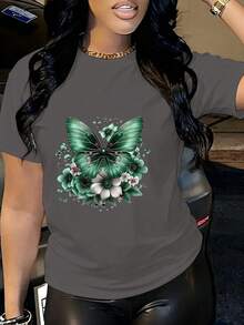 Camiseta informal de manga corta con cuello redondo para mujer con estampado de mariposas flocadas para uso diario - Gris - Ver 1
