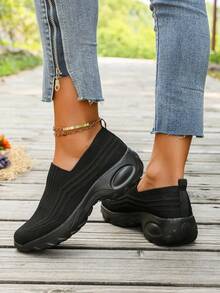 女士纯色网眼运动鞋，系带增高休闲透气运动运动鞋，低帮舒适鞋 - 黑色 - 查看 11