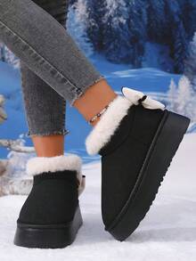 1 Pair Teens' EVA Thermal-Lined Bow Design Anti-Slip Thick Sole Casual Flat Shoes, Suitable For Autumn/Winter - Black - View 4