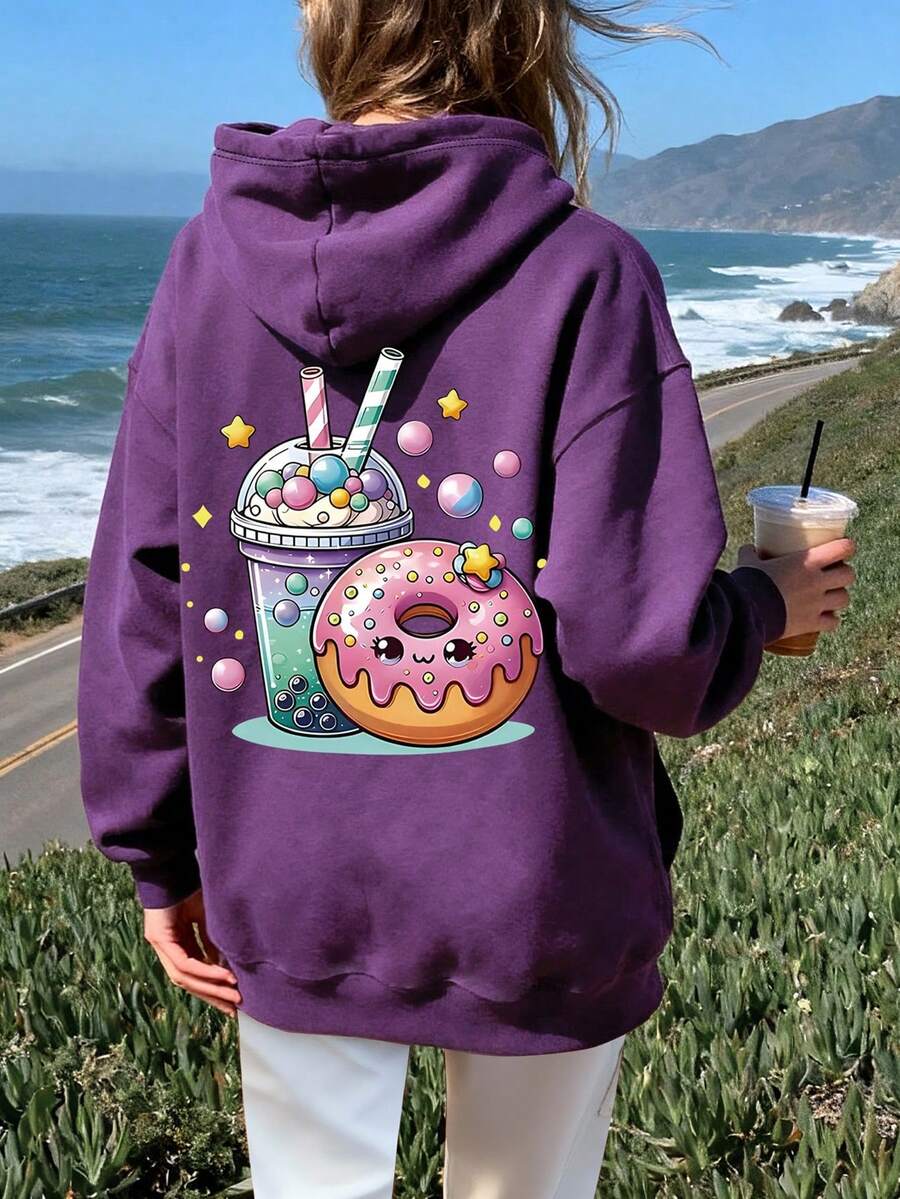 青少年女孩奶茶甜甜圈印花保暖連帽衛衣,秋冬套頭上衣,適合日常上學與返校穿著 - 紫羅蘭色 - 查看 1