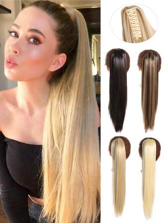 Extensiones de cabello con cola de caballo de clip de garra sintético largo y recto de 18 a 24 pulgadas, resistente al calor, pieza de cabello para mujer para uso diario y fiestas