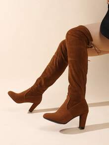 2025新款秋冬过膝女靴，弹力修身过膝长靴，高跟鞋 - 棕色 - 查看 1