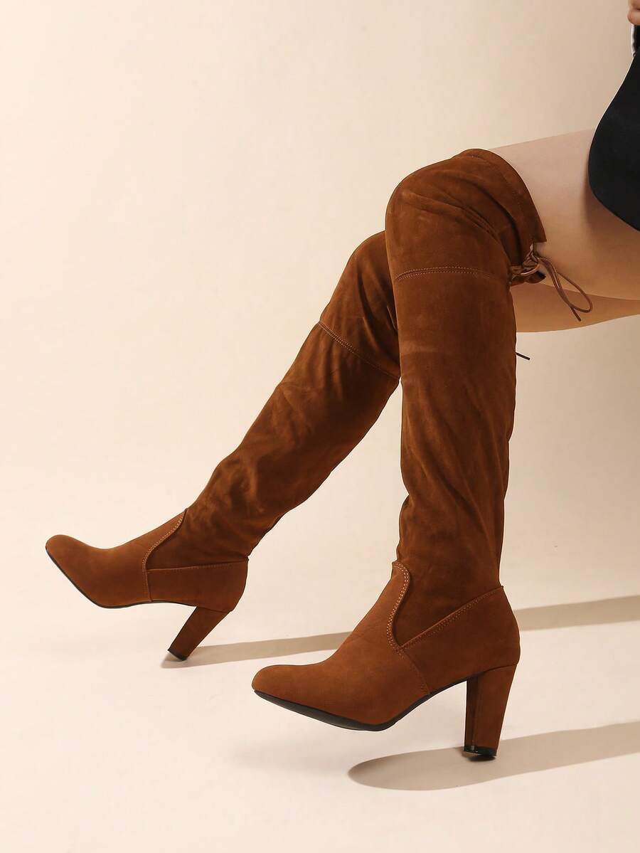2025新款秋冬过膝女靴，弹力修身过膝长靴，高跟鞋 - 棕色 - 查看 1