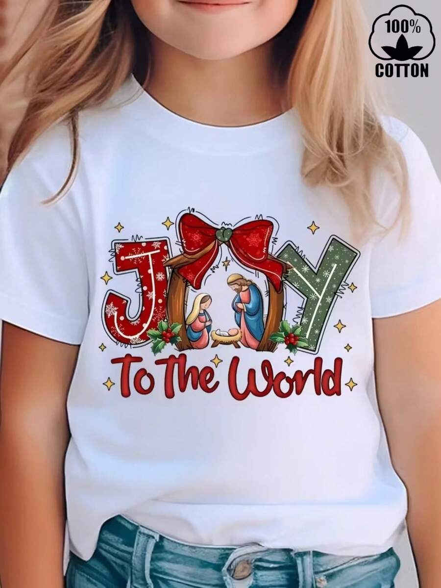 Esta nueva camiseta de manga corta para niñas, 100% algodón, luce un estampado navideño y un corte holgado, informal y versátil. Confeccionada con un tejido suave y delicado con la piel, es suave con la piel sensible de tu hija, permitiéndole moverse con libertad y comodidad durante las reuniones familiares navideñas, los eventos escolares o los juegos al aire libre. - Blanco - Ver 1