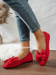 Women's Bow Decor Flat Loafers, Fashion Comfortable Breathable Slip-On, Gentle & Elegant Flat Shoes Suitable For Daily Commute,Ballet Flats - Red - View 4