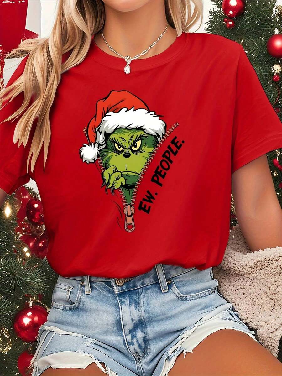 Camiseta Navideña Verde Para Mujer - Estampado "Ew, People" Y Diseño Lindo, Manga Corta Y Cuello Redondo, Top Casual En Tono Verde Oliva Para Outfits De Primavera Y Verano Y Fiestas Temáticas (Lavable A Máquina) - Rojo - Ver 1
