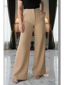 Pantalón de pinza Acampanado Para Dama.Formal, Oficina, De Vestir, Liso, Elegante - Camel - Ver 3