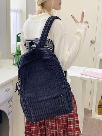 Rucsac pentru studenți din catifea reiată, culoare solidă, geantă pentru laptop la modă, capacitate mare, geantă messenger casual, rucsac cu dungi