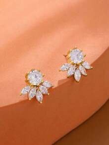 一对优雅金色花朵耳钉，闪亮水晶花蕊设计，铜质材质，不褪色且低过敏性，送给她的浪漫礼物 - 金色 - 查看 5