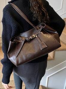 Elegante bolso tote de cuero PU para mujer, diseño vintage con hebilla de cinturón y lazo de ala, bolso de hombro de gran capacidad de moda europea y americana, adecuado para negocios casual, ir al trabajo, compras, citas, regalo - Multicolor - Ver 4