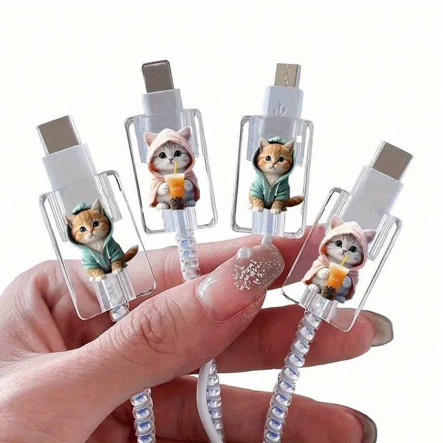 4个装猫咪保护套，兼容苹果iOS手机充电线固定夹保护套，可爱猫咪造型，送朋友的礼物，圣诞礼物 - 彩色 - 查看 1
