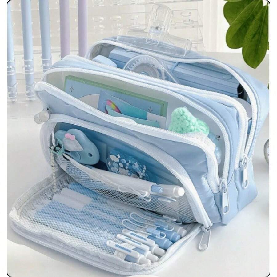 Large Capacity Pencil Cute Multi-Layer Pencil Case Bag Large Capacity Pencil Case Bag Student Durable Stationery Storage Bag - 藍色筆袋 - 查看 1