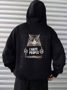 Black Cat I Hate Human Patterns On The Back, Hooded, Pockets, Comfortable Breathable Sweater, Hooded, Streetwear, Casual Everyday Wear, Available As A Gift, (Choose A Larger Size For A Looser Fit) - 黑色 - 查看 1