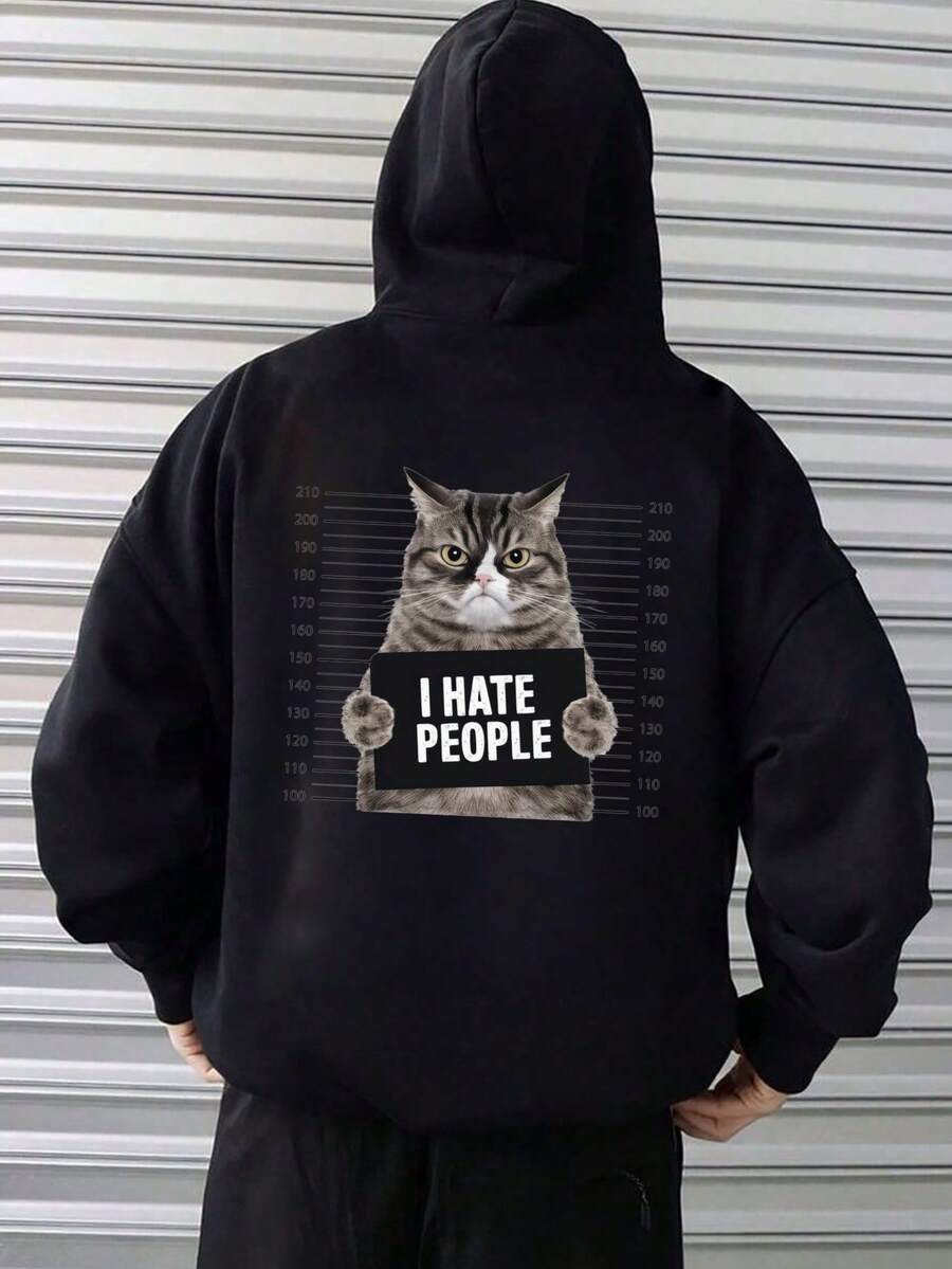 Black Cat I Hate Human Patterns On The Back, Hooded, Pockets, Comfortable Breathable Sweater, Hooded, Streetwear, Casual Everyday Wear, Available As A Gift, (Choose A Larger Size For A Looser Fit) - 黑色 - 查看 1