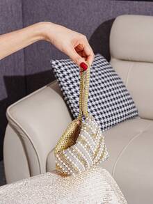 Irregular Shaped Clutch Bag With Sparkling Pearl Rhinestone Decor, Handbag For Gala, Party, Evening Dress Matching