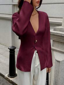 PoPoHouse Women's Top Suitable For Wear Daily Commuting To Work And Office Deep V-Half Open Solid Color Long Sleeved Slim Design Warm And Comfortable - Red Violet - View 4