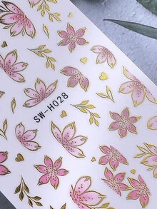 2pcs Pink Floral Nail Art Stickers, Luxury Gold Foil Flower Plant Nail Decals, 3D Self-Adhesive Slider, Women Nail Art Supplies, Spring/Summer Nails - 粉色 - 查看 7