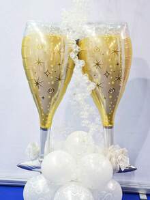2/4个香槟酒杯造型气球和彩色钻石戒指气球套装，卡通派对装饰，适用于婚礼、生日派对、酒吧、周年纪念、新娘送礼会、单身派对、订婚装饰、周年纪念装饰，香槟酒杯气球（金色玻璃） - 彩色 - 查看 7