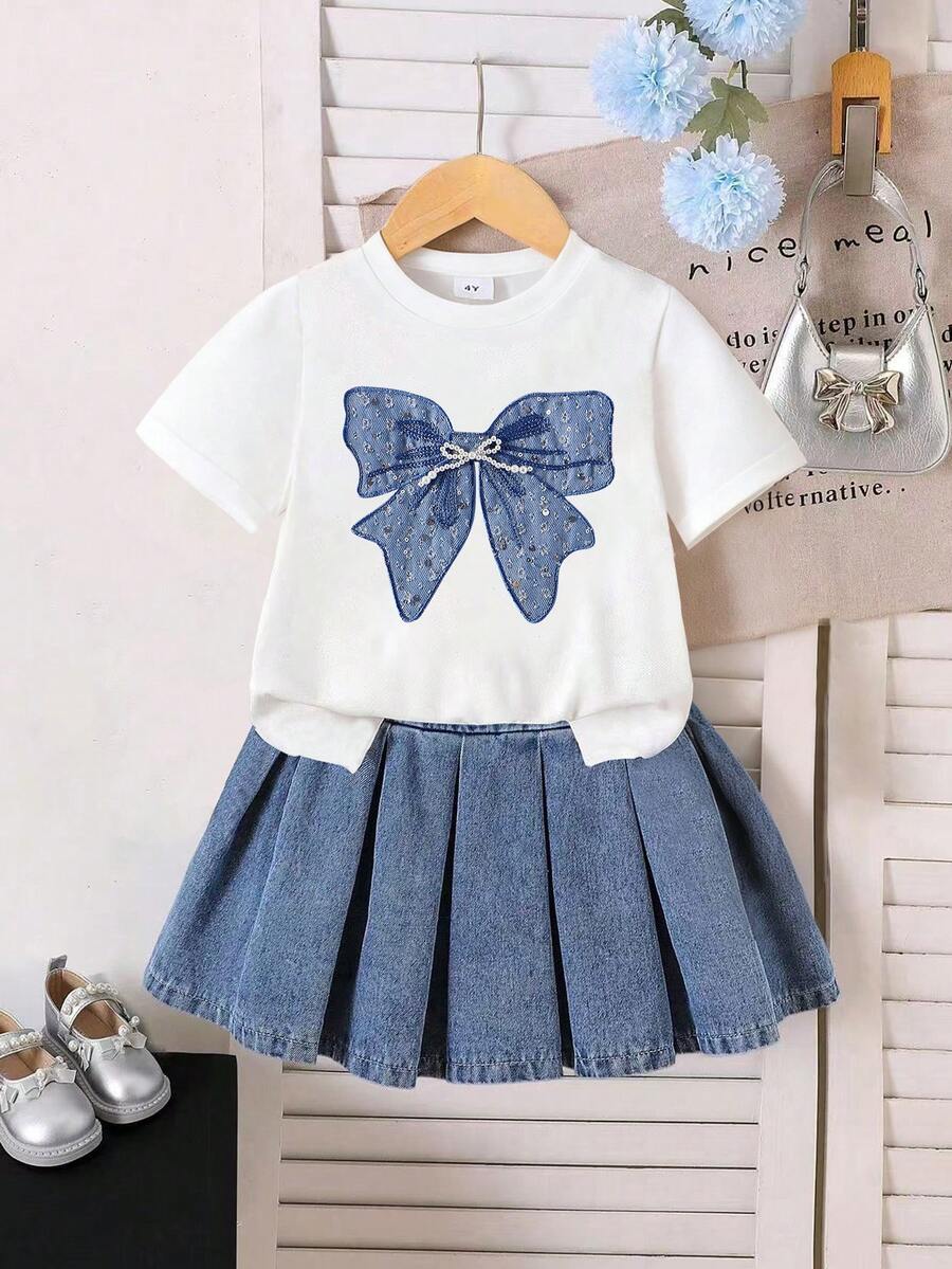 Toddler Girls' Bow Print Short Sleeve Top And Denim Skirt Set - White - View 1