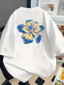 Tops Front And Back Printed Short Sleeve T-Shirt - Tropical Flowers, Hawaiian Flowers - Women's Spring Summer  Printed T-Shirt, Fashionable Item, Versatile Casual Loose And Comfortable Summer - 白色 - 查看 3