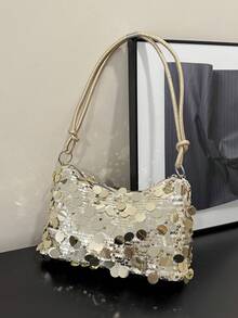 1pc Shiny Gold Crescent Moon Shaped PE PVC Shoulder Bag, Women's Party Clutch - Gold - View 9