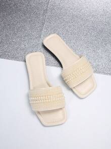 Plus Size Women's Slip-On Rhinestone Decor Open Toe Sandals, Casual Versatile Outdoor Plastic Flat Sandals Non-Slip, Ladies House Slippers For Spring/Summer - White - View 3