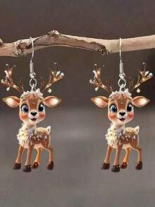 2 piezas Pendientes de acrílico con colgante de renos navideños lindos, adecuados para que las mujeres los usen en fiestas navideñas - Multicolor - Ver 2