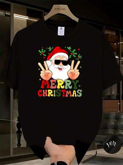 Men'S & Men&Women's Christmas T-Shirt - Santa Claus Graphic Tee With Merry Christmas Text - Lightweight Breathable Fabric For Holiday Parties, Casual Attire - Unisex Casual Top - Easy Care Everyday Shirt, Christmas T Shirt, Festive Party Apparel, Playful Design, Comfortable Fit, Holidaythemed Apparel, Durable Print Quality, Seasonal Clothing, Round Neck, Soft Material, Print Shirt, Holiday Shoppers, White Christmas T-Shirt For Men And Women, Christmas T-Shirt For The Family, Christmas