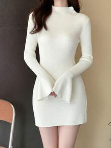 Women's Autumn Above Knee Dress White Long Flared Sleeve O Neck Knit Ribbed Dress - White - View 5