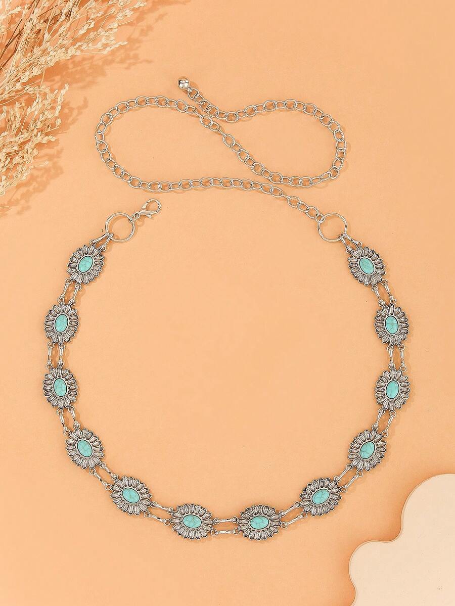 Cadena de cintura vintage bohemia de turquesa ovalada, cinturón de metal para vestido, chaqueta, adecuado para primavera, verano, otoño, invierno - Plateado - Ver 1