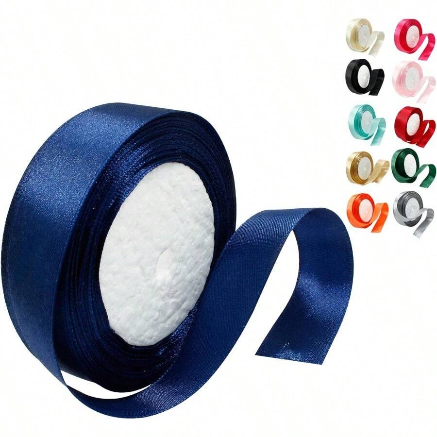 Navy Blue Satin Ribbon 1 Inch X 25 Yards Wedding Bouquet Ribbon Silk And Polyester Shiny Fabric For Hair Gift Wrapping Flower Bouquet Crafts Sewing - Xanh navy - Xem 1