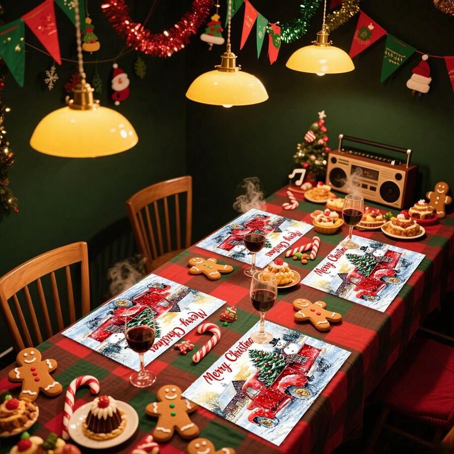 1 pieza/4 piezas/6 piezas/100 piezas Mantel individual con patrón de camión rojo y muñeco de nieve de Navidad, lavable a máquina, rectangular de poliéster, protector de mesa, manteles individuales aislantes del calor, decoraciones de mesa de restaurante, suministros para fiestas, decoraciones navideñas, se pueden regalar - Multicolor - Ver 1
