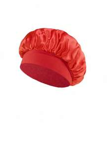 1pc Satin Wide Stripe Stretchy Wide-Brim Sleep Cap For Women, Suitable For Those With Less Hair And Shorter Hair - Burgundy - View 20