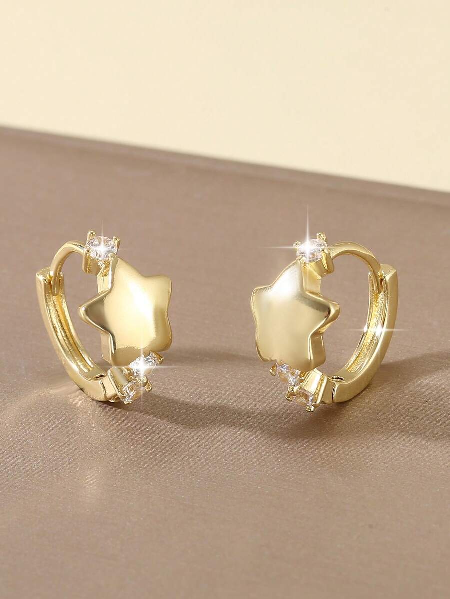 1 Pair Elegant Geometric Smooth Pentagram Round Hoop Earrings, Micro-Inlaid , Sweet Gift For Women, Birthday, Date - Round - View 1