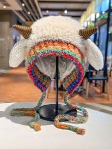 1顶儿童帽子，适合3-16岁儿童，小羊角帽，可爱帽子，防风保暖帽，旅行和摄影道具，羊耳朵可以发出声音，男女宝宝冬季帽子，幼儿发饰，男女通用