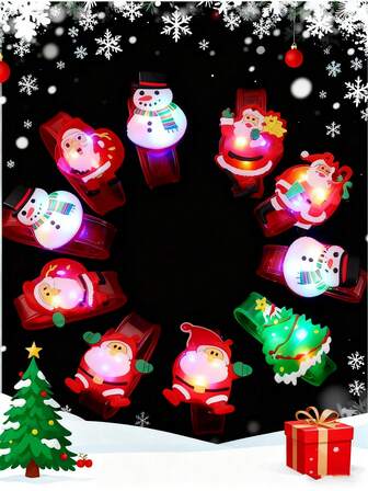 30个/6个/1个圣诞环形灯，圣诞手链，包含圣诞老人、雪人、雪花图案 - 电池供电发光派对装饰品，多色LED灯光效果，适用于圣诞节、万圣节、生日派对 - 含电池，耐用塑料戒指，可佩戴于手指和手腕