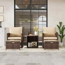 Conjunto de 5 piezas para patio con respaldo alto, 2 otomanas y mesa, sillones de ratán PE para todo tipo de clima con cojines suaves, perfectos para relajarse en el balcón, el porche, el jardín y junto a la piscina. - Marrón - Ver 8