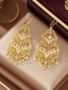 Herseygold 1 Đôi bông tai hình trăng lưỡi liềm rỗng mạ vàng phong cách Trung Đông, bông tai tua rua hình trái tim dành cho cô dâu Algeria, trang sức cưới sang trọng kiểu Ả Rập dành cho phụ nữ - Vàng - Xem 5