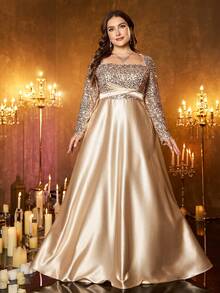 XUIBOL Plus Size Women's Elegant Sequin Long Sleeve Keyhole Neck Formal Dress, With Ruffle Details - Champagne - View 6