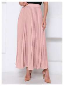 LXC Women's Pleated Skirt, Women's Vintage Midi Skirt, Elegant High-Waisted Long Skirt, Simple, Casual, Pleated, Office, Wedding - 淺粉色 - 查看 1