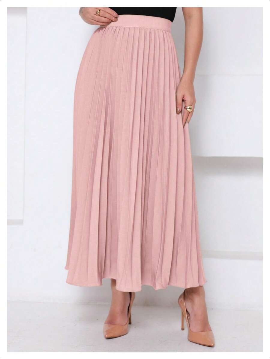 LXC Women's Pleated Skirt, Women's Vintage Midi Skirt, Elegant High-Waisted Long Skirt, Simple, Casual, Pleated, Office, Wedding - 淺粉色 - 查看 1