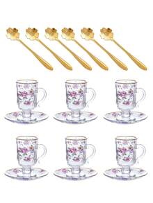 一套六件中东风格茶杯碟套装，复古棕色玻璃花卉图案茶/咖啡杯，杯腰设计，加厚杯底，防止茶水变凉，适合六人使用，是生日、聚会、下午茶的理想之选。 - 彩色 - 查看 12