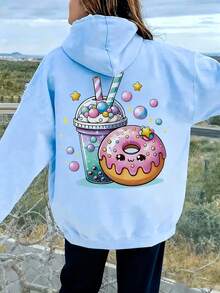 Teena Girl Milk Tea Donut Pattern Printed Warm Hooded Sweatshirt - Comfortable Long-Sleeved Casual Pullover, Machine Washable, Daily Essential, Loose Style, Suitable For Both Boy And Women, Street Style, Suitable For School, Vacation, Shopping, Sports And Other Occasions