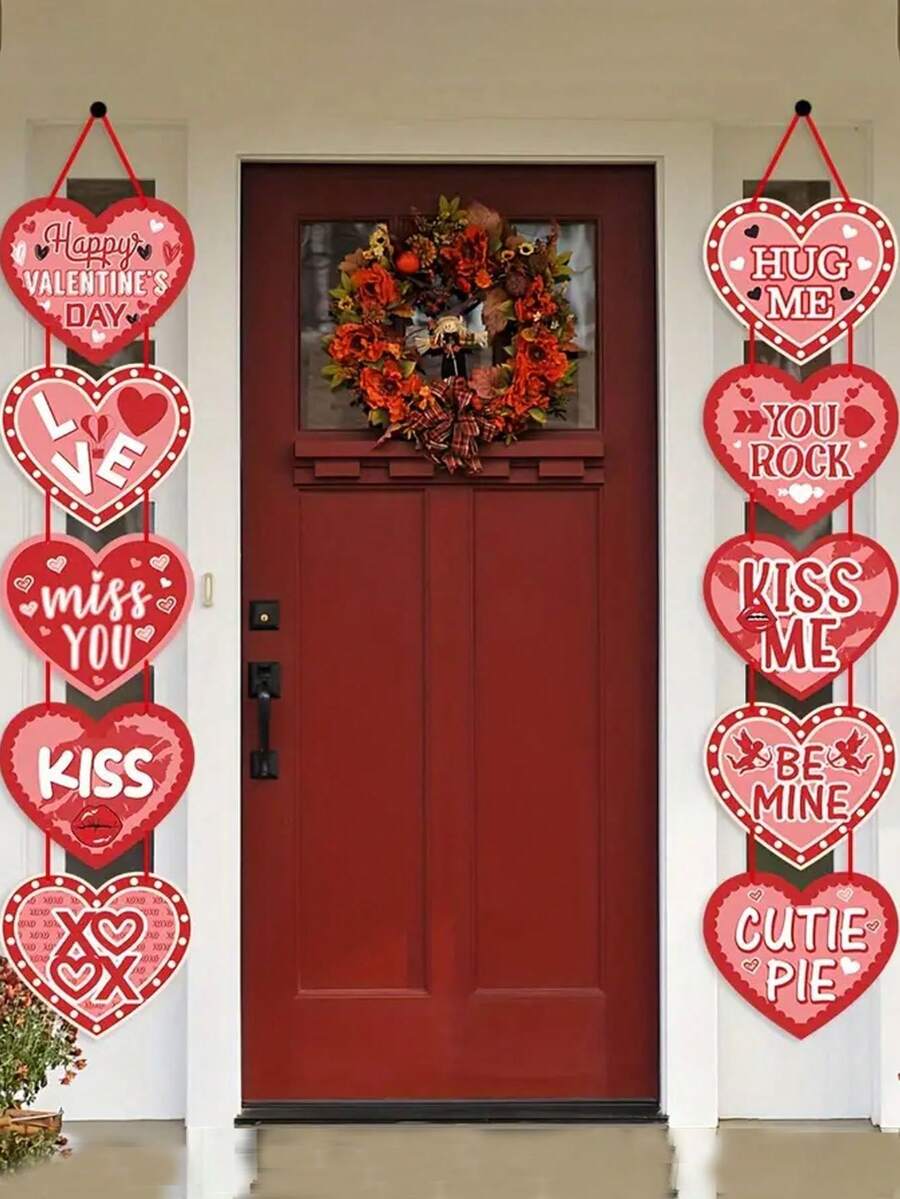 2pcs Heart-Shaped Door Hanging, For Atmosphere Decoration, Valentine's Day Background Decor, Party Supplies, Birthday, Door, Fireplace Banner - 彩色 - 查看 1