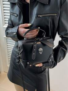 Niche Design Punk Motorcycle Style Skull Hand Bag, Fashionable Rivet Decoration Gothic Style Shoulder Bag, Halloween Dark Cool All-Match Solid Color Messenger Bag, Suitable For Halloween Activities Cosplay Party, Halloween Purse, Perfect For Fancy Party Halloween Fashion & Gothic Fashion, Best Halloween Gifts For Women
